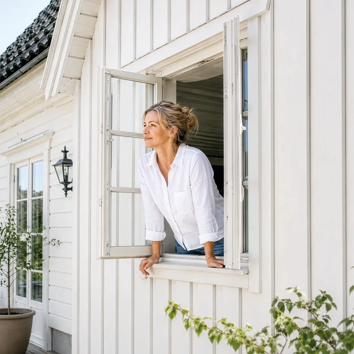En granne som lutar sig ut genom ett öppet fönster